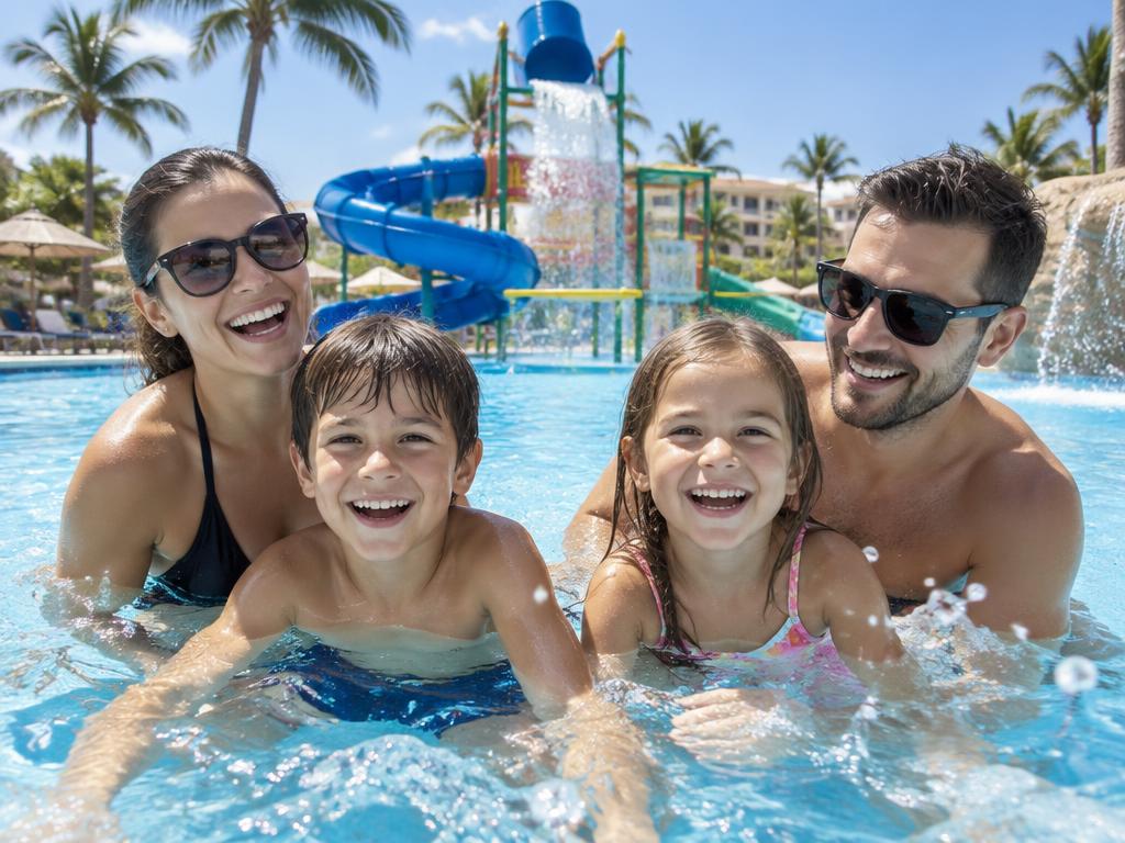Family in resort pool